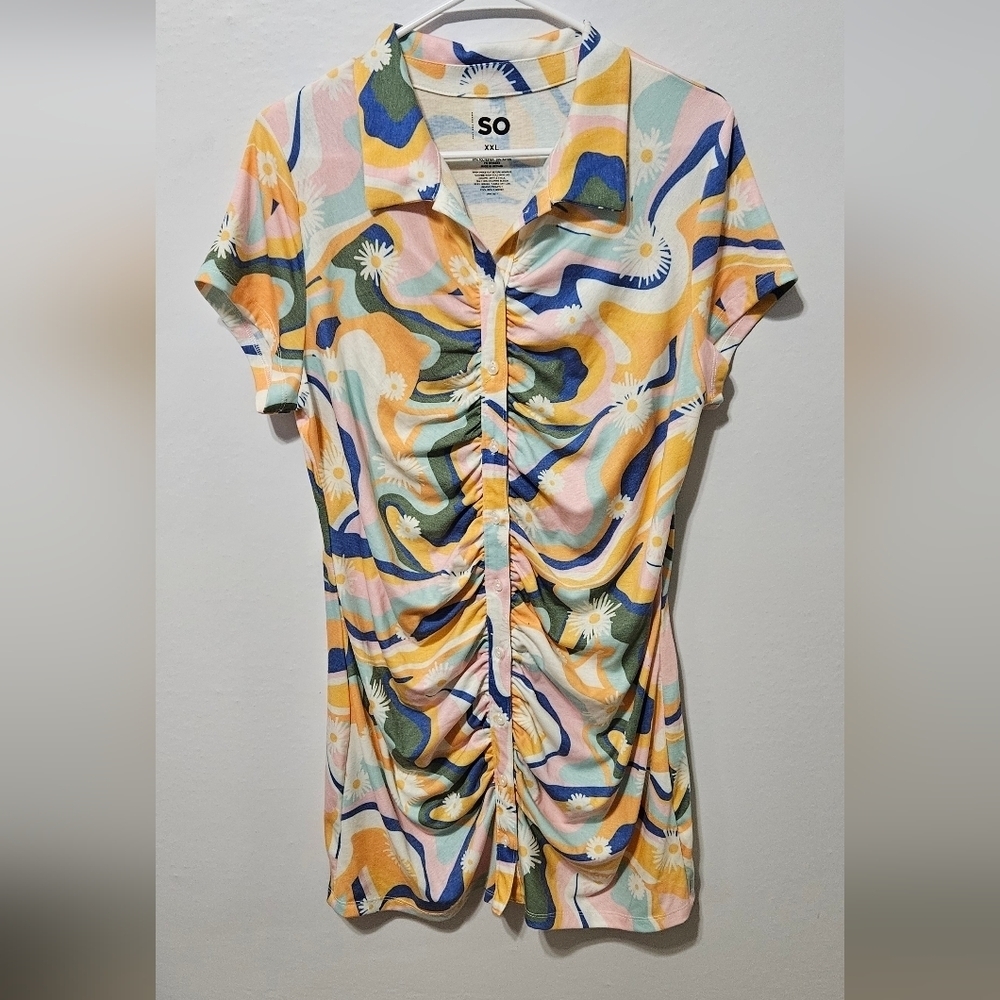 So Goods For Life Floral Tye Dye Hippi Mini Dress Colorful Button Ruched XXL B10